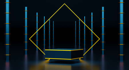 podium empty with geometric shapes in blue composition for modern stage display and minimalist mockup ,abstract showcase background ,Concept 3d illustration or 3d renderの写真素材