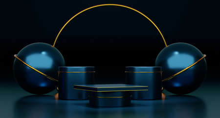 podium empty with geometric shapes in blue composition for modern stage display and minimalist...