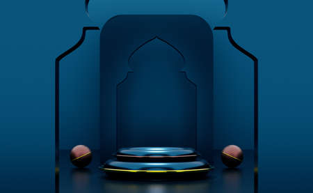 podium empty with geometric shapes in blue composition for modern stage display and minimalist mockup ,abstract showcase background ,Concept 3d illustration or 3d renderの写真素材