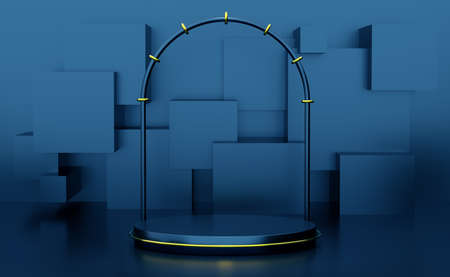 podium empty with geometric shapes in blue composition for modern stage display and minimalist...