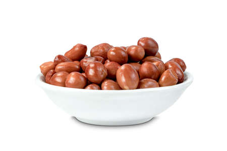 A pile of fried peanuts with bowl isolated on white background
