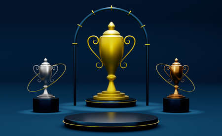 Golden champion cup or trophies and podium with geometric shapes in blue composition for modern stage display and minimalist mockup ,abstract showcase background ,Concept 3d illustration or 3d renderの写真素材