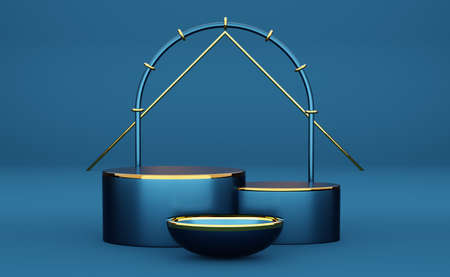 podium empty with geometric shapes in blue composition for modern stage display and minimalist...