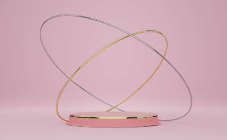podium empty with geometric shapes in pink pastel composition for modern stage display and minimalist mockup ,abstract showcase background ,Concept 3d illustration or 3d renderの写真素材