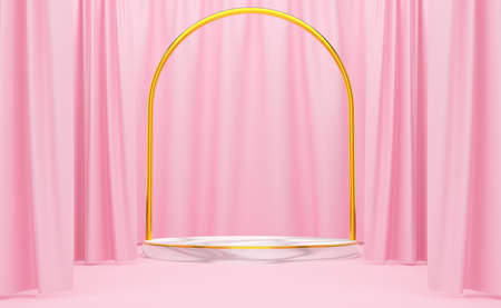 podium empty with geometric shapes and curtain in pink pastel composition for modern stage display and minimalist mockup ,abstract showcase background ,Concept 3d illustration or 3d renderの写真素材