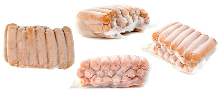 frozen sausage in plastic bag set with ice crystals isolated on white backgroundの写真素材