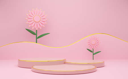 podium empty with geometric shapes in pink pastel composition for modern stage display and...