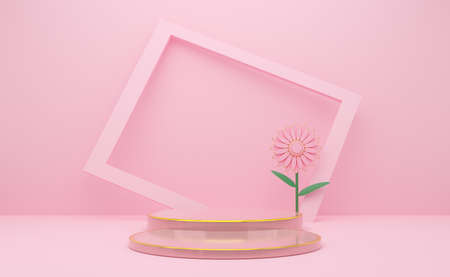 podium empty with geometric shapes in pink pastel composition for modern stage display and...
