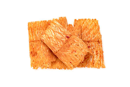 sweet and spicy crushed dried squid isolated on white backgroundの写真素材