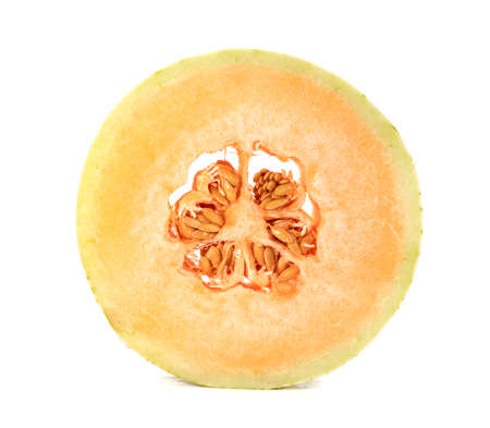 Orange cantaloupe melon fruit sliced isolated on white backgroundの写真素材