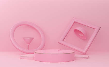 podium empty with geometric shapes in pink pastel composition for modern stage display and...