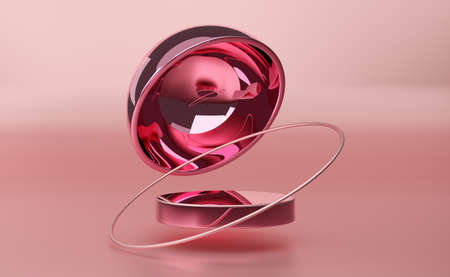 podium empty with geometric shapes in pink pastel composition for modern stage display and minimalist mockup ,abstract showcase background ,Concept 3d illustration or 3d renderの写真素材