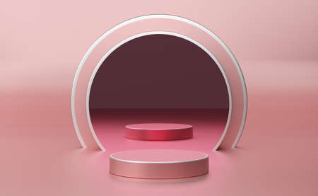 podium empty with geometric shapes in pink pastel composition for modern stage display and...