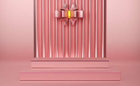 podium empty with geometric shapes and curtain in pink pastel composition for modern stage display and minimalist mockup ,abstract showcase background ,Concept 3d illustration or 3d renderの写真素材