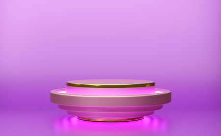 Podium empty with geometric shapes  in purple or violet composition for modern stage display and minimalist mockup ,abstract showcase background ,Concept 3d illustration or 3d renderの写真素材