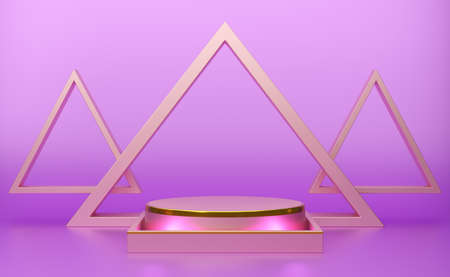 Podium empty with geometric shapes  in purple or violet composition for modern stage display and minimalist mockup ,abstract showcase background ,Concept 3d illustration or 3d renderの写真素材