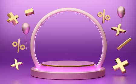 Podium empty with geometric shapes  in purple or violet composition for modern stage display and...
