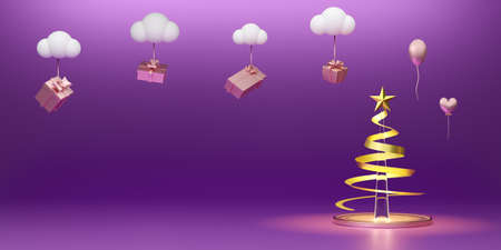 Podium with Christmas tree and ornaments in purple or violet composition for modern stage display...