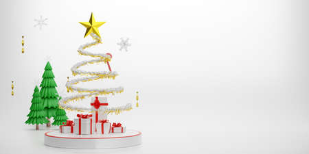 green Christmas tree with gift box and ornaments in white composition for modern stage display and minimalist mockup ,Concept Christmas and a festive New Year, 3d illustration or 3d renderの写真素材