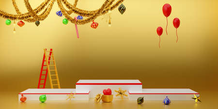 Podium empty with golden tinsel and ornaments and ladder in Gold composition for modern stage display and minimalist mockup ,Concept Christmas and a festive New Year, 3d illustration or 3d renderの写真素材