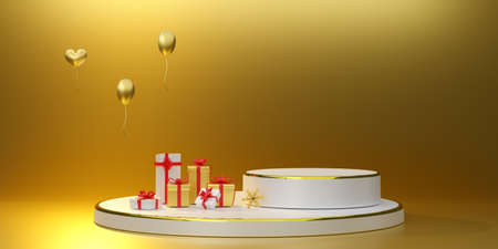 White podium empty with geometric shapes and gift box in Gold composition for modern stage display and minimalist mockup ,Concept Christmas and a festive New Year, 3d illustration or 3d renderの写真素材