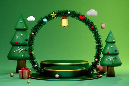 Podium empty with Christmas tree and wreath in green composition for website or poster or Happiness cards,Christmas banner and festive New Year, realistic 3d illustration or 3d renderの写真素材