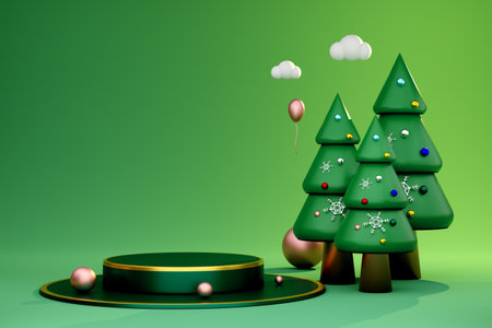Podium empty with Christmas tree in green composition for website or poster or Happiness...