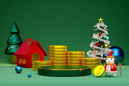 Podium empty and snowman with gold coin and Christmas tree in green composition for website or...