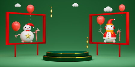 Podium Empty and snowman with frame and geometric shapes in green composition for website or poster...