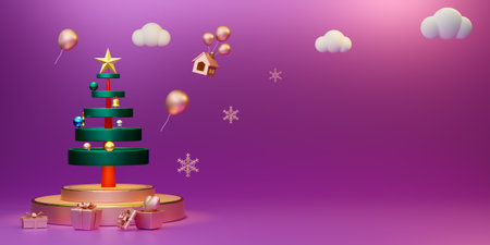 Christmas tree with gift box and ornaments in purple or violet composition for modern stage display and minimalist mockup ,Concept Christmas and a festive New Year, 3d illustration or 3d renderの写真素材