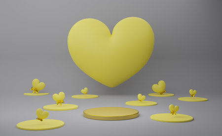 Podium empty with yellow heart shapes in gray composition for modern stage display and minimalist mockup ,valentine's day background ,Concept 3d illustration or 3d renderの写真素材