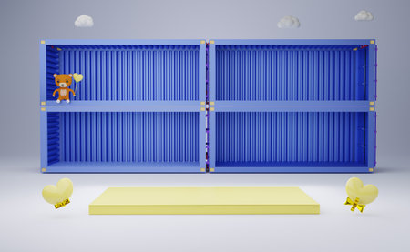 shipping container empty and heart with podium and Teddy bear in gray composition for modern stage...