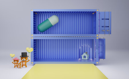 blue shipping container with podium and Teddy bear in gray composition for modern stage display and...