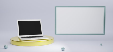 podium with computer laptop and frame in gray composition for modern stage display and minimalist mockup ,abstract showcase background ,Concept 3d illustration or 3d renderの写真素材