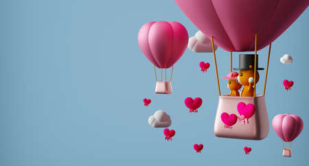 Hot air balloon and Teddy bear with heart shaped for Valentine's Day background in sky blue pastel...