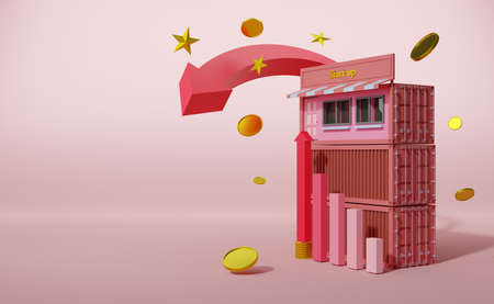 store front with gold coin in pink pastel composition ,Startup franchise business concept ,3d...