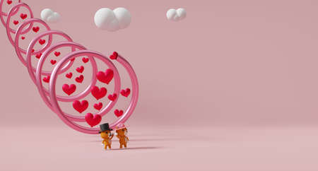Teddy bear with heart shaped for Valentine's Day background in pink pastel composition ,3d...