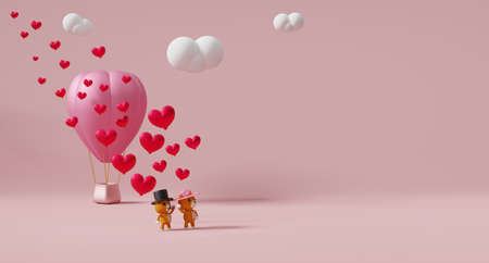 Hot air balloon and Teddy bear with heart shaped for Valentine's Day background in pink pastel composition ,3d illustration or 3d render ,copy spaceの写真素材