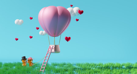 Hot air balloon and Teddy bear with heart shaped and ladder on grass for Valentine's Day background in sky blue pastel composition ,3d illustration or 3d renderの写真素材