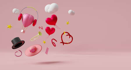 Hot air balloon and hat with red heart shaped for Valentine's Day abstract background in pink pastel...