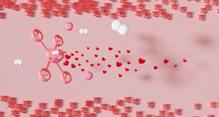 delivery drone and red heart shaped balloon with grass in pink pastel composition valentine's day...