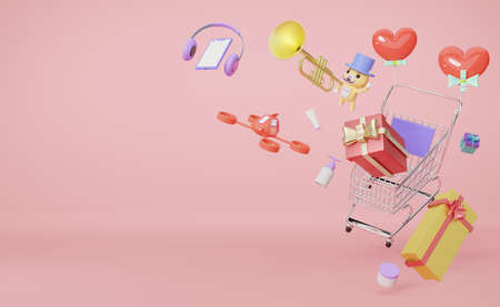 Shopping cart with gift box, delivery drone, red heart balloon and toy in pink pastel composition valentine's day concept ,3d illustration or 3d renderの写真素材
