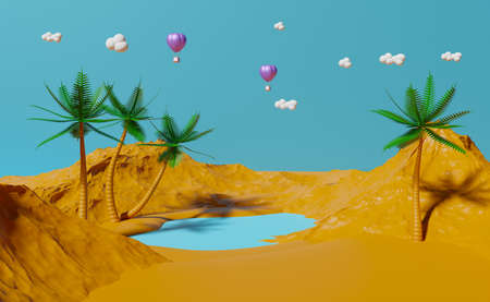 Oasis in sand and palm trees and lake with hot air balloon in landscape Composition ,3d illustration...