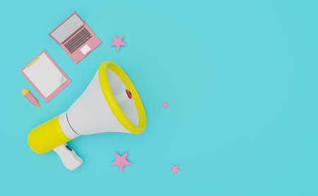 hand speaker or megaphone with computer laptop and paper sheet in blue composition background ,Concept 3d illustration or 3d renderの写真素材