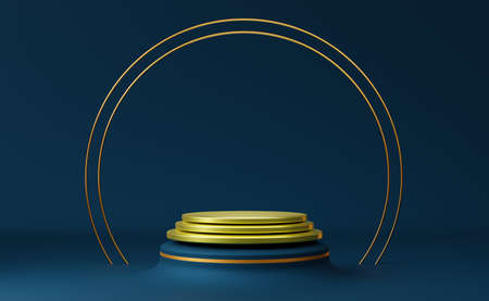 podium empty with geometric shapes in blue composition for modern stage display and minimalist mockup ,abstract showcase background ,Concept 3d illustration or 3d renderの写真素材