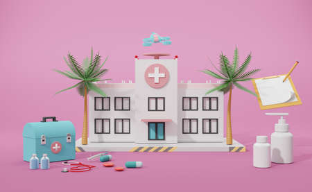 Hospital building with medical equipment in pink composition ,Concept 3d illustration or 3d renderの写真素材