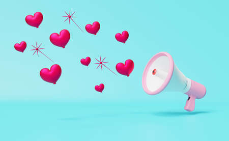 hand speaker or megaphone with red heart shaped balloon in blue composition background ,valentine's day concept ,3d illustration or 3d renderの写真素材