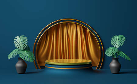 podium empty with gold curtain in blue composition for modern stage display ,abstract showcase background ,Concept 3d illustration or 3d renderの写真素材