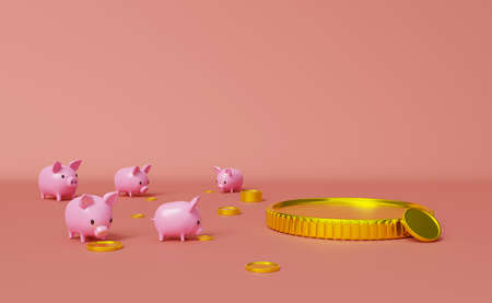 piggy bank with gold coins money in pink composition background ,make money Concept, 3d illustration...