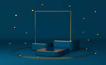 podium empty and ball with geometric shapes in blue composition for modern stage display and minimalist mockup ,abstract showcase background ,Concept 3d illustration or 3d renderの写真素材